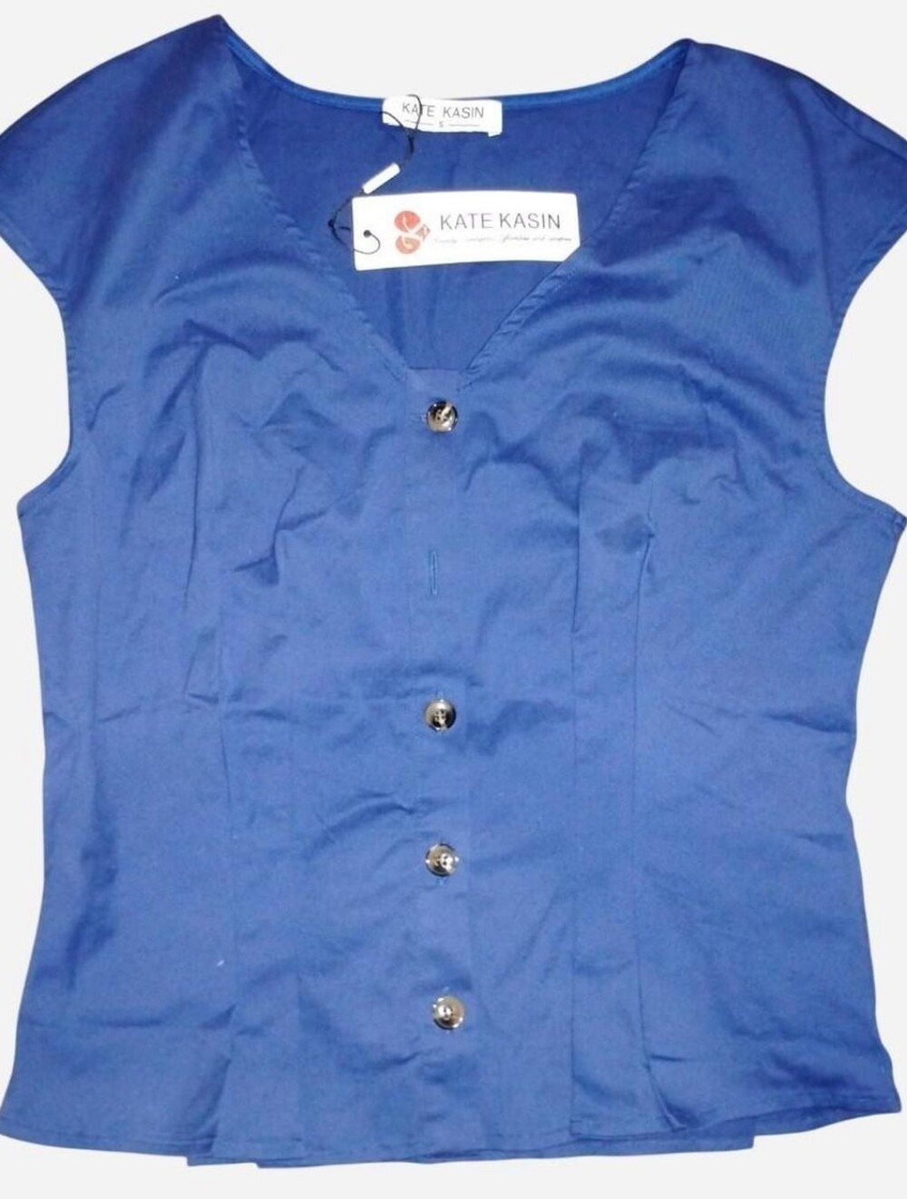 Kate Kasin Royal Blue V-Neck Button-Front Cap Sleeve Blouse - Size S - New with